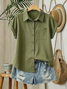 Franclia Plus Size Contrast Color Vertical Striped Turn-Down Collar Rolled Hem Short Sleeve Shirt - Army Green - View 3