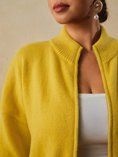 Travachic Chaqueta de punto de ganchillo con cremallera, suave y cálida, para mujer de talla grande, para vacaciones, uso casual elegante en casa, otoño, formal, amarillo suave