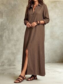 SHEIN LUNE CURVE Plus Size Solid Color Casual Lapel Front Slit Design Long Comfortable Linen Dress - Brown - View 6