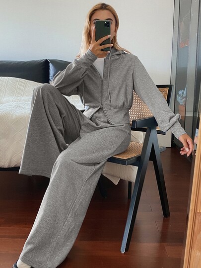DAZY Women's Solid Color Zip-Up Drawstring Hooded Sweatshirt And Sweatpants Casual Daily 2-Piece Set