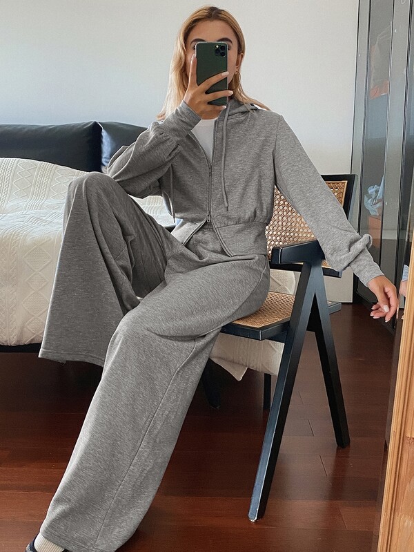 DAZY Set casual de 2 piese pentru femei, hanorac cu glugă, fermoar și șnur, și pantaloni de trening, culoare uni, pentru purtare zilnică