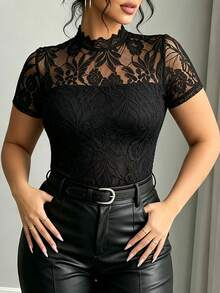 Breezaya Women's Elegant Lace Patchwork Stand Collar Slim Fit Short Sleeve Commuter Blouse - Black - View 4