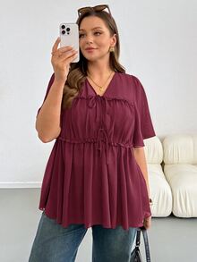 SHEIN Essnce 大尺碼夏季休閒優雅純色前綁帶襯衫 早午餐晨間穿搭 深綠色 - 中紫紅色 - 查看 4