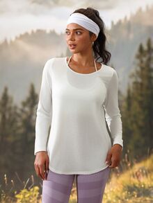 Exploreva Kaos Outdoor Lengan Panjang Wanita Kasual Warna Beige dengan Belahan Belakang - Aprikot - View 7
