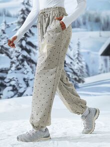 Exploreva Celana Jogging Kasual Wanita Motif Polkadot dengan Tali Serut di Pinggang untuk Aktivitas Luar Ruangan Sehari-hari - Grey - View 4