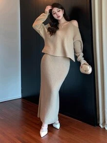 DAZY Women's Elegant 2 Pieces Sweater And Long Skirt Set - Khaki - View 5