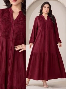 Al Najma Plus Size Solid Color Lace Patchwork Dress - Burgundy - View 1