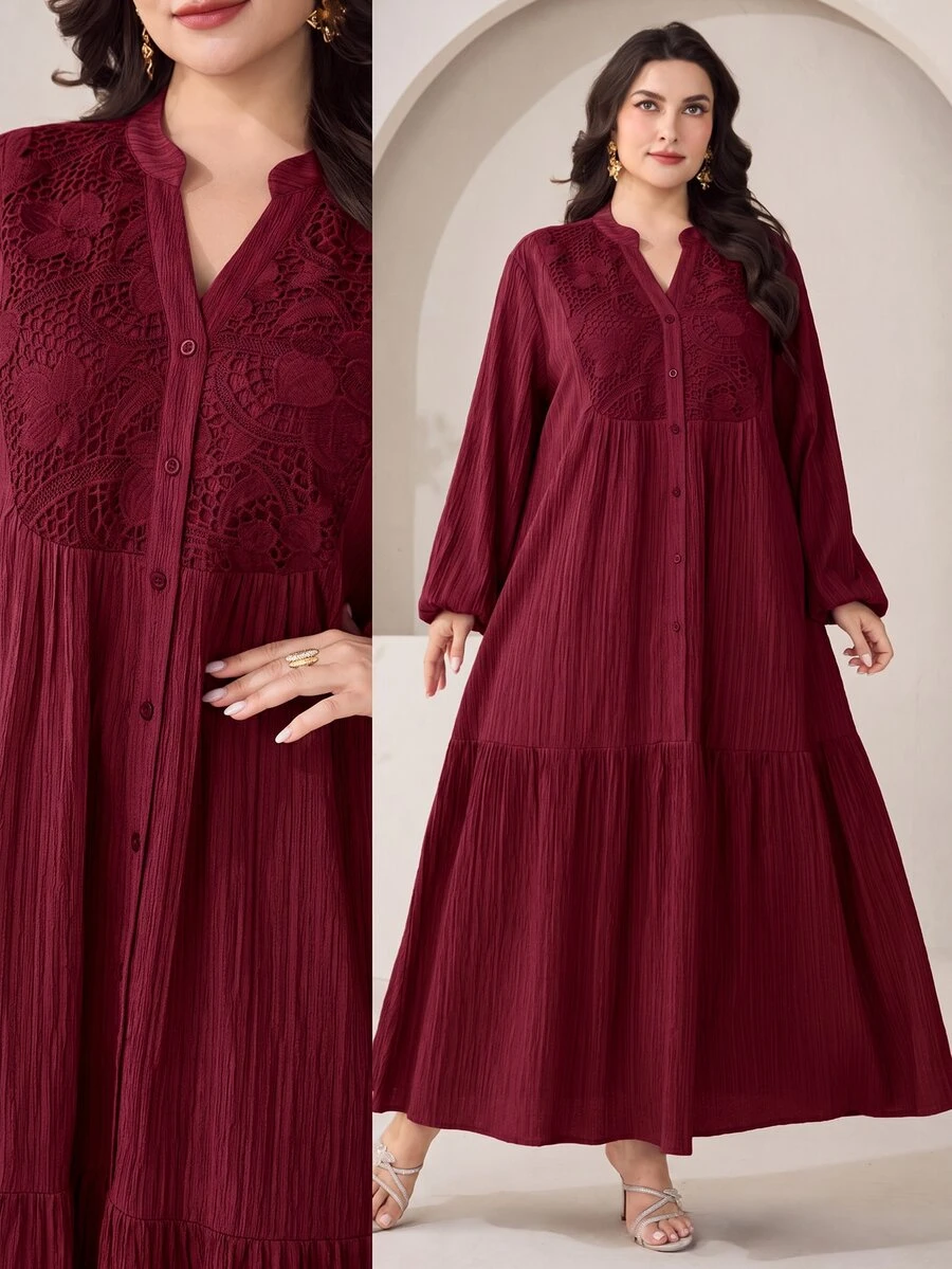 Al Najma Plus Size Solid Color Lace Patchwork Dress - Burgundy - View 1