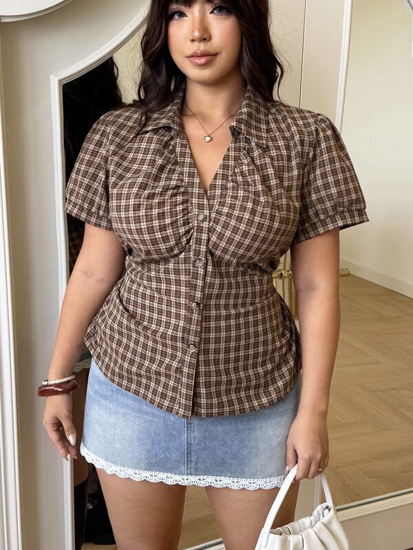 GalTyme Plus Size Summer Casual Plaid Shirt