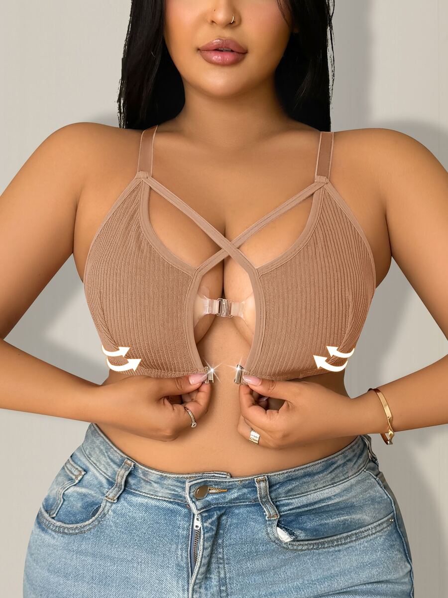 SHEIN 大尺碼性感交叉式無鋼圈內衣 - 卡其色 - 查看 1