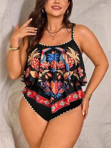 SHEIN Swim 2026新款大尺碼女款花鳥印花兩件套，細肩帶雙層荷葉邊下擺上衣搭配抓褶荷葉邊高腰褲，夏季海灘度假海邊假期穿搭，夏季度假套裝，派對穿著，優雅女款海灘泳裝，女款度假穿搭 - 彩色 - 查看 1