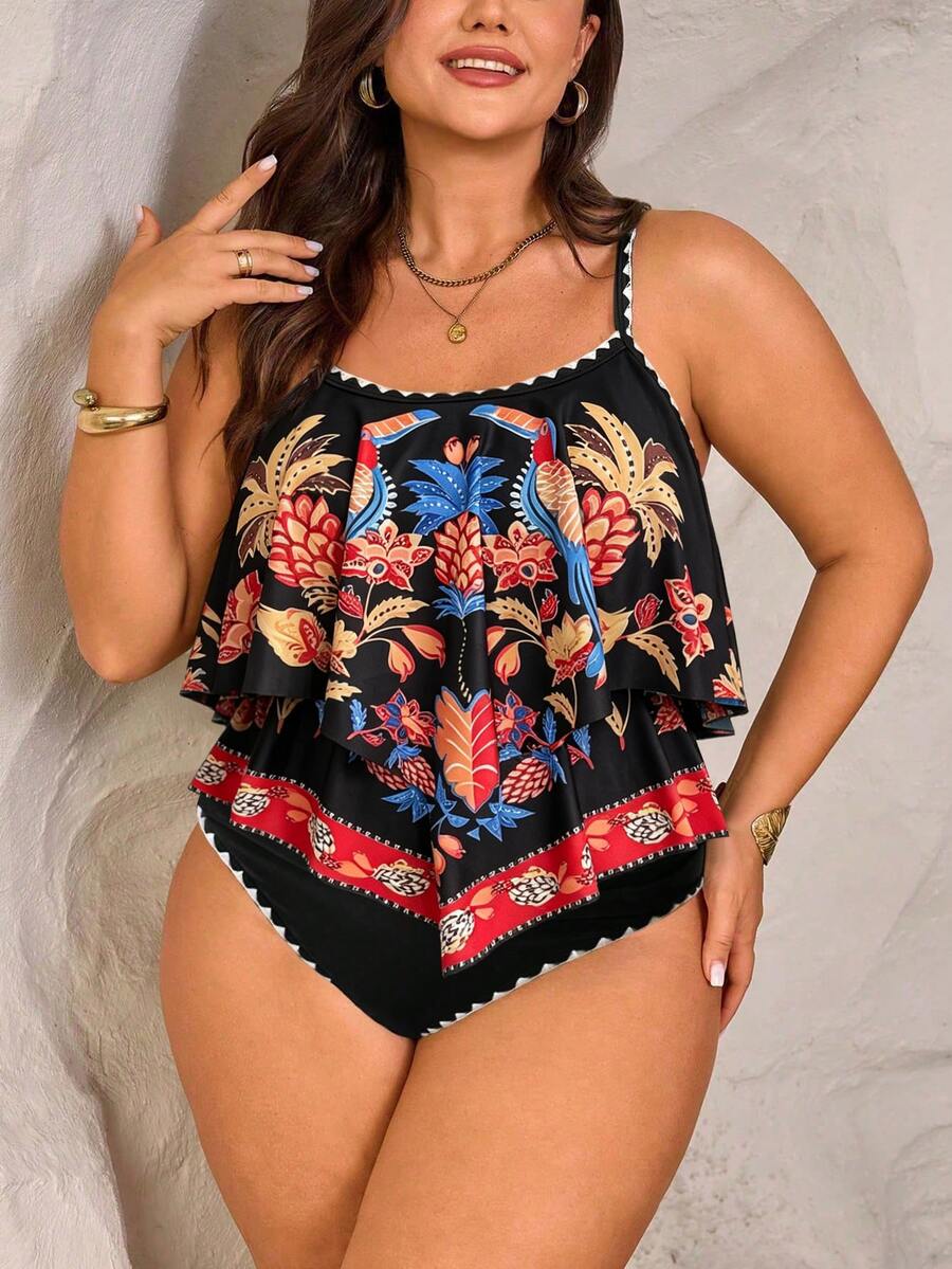 SHEIN Swim 2026新款大尺碼女款花鳥印花兩件套,細肩帶雙層荷葉邊下擺上衣搭配抓褶荷葉邊高腰褲,夏季海灘度假海邊假期穿搭,夏季度假套裝,派對穿著,優雅女款海灘泳裝,女款度假穿搭 - 彩色 - 查看 1