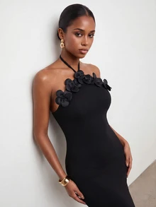 CAJUNI Gaun Musim Panas Elegan dengan Dekorasi Bunga 3D dan Leher Halter Tanpa Punggung - Hitam - View 5