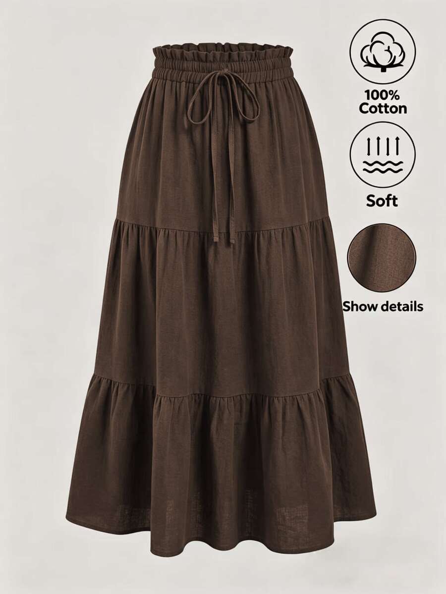 Lacomfia 女款春夏優雅休閒繫腰抽褶垂墜波希米亞高腰A字大碼分層黑色蛋糕裙 - 棕色 - 查看 1