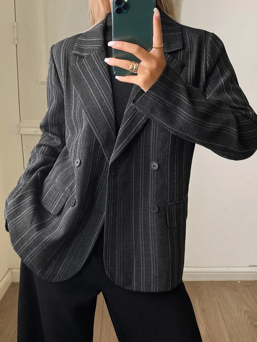Livesso Jaket Blazer Wanita Lengan Panjang Bergaris dengan Kancing untuk Kantor di Musim Gugur - Hitam - View 1