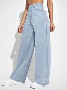 SHEIN PETITE Women's High Waist Straight Leg Loose Casual Denim Jeans With Pockets - Light Wash - View 3