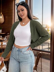 SHEIN EZwear Plus Solid Crop Black Jacket Without Tank Top Fall - Army Green - View 5