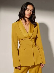 Aveloria Modichic 緞面拼接前綁帶女款西裝外套 優雅休閒套裝外套 + 休閒喇叭腿西裝長褲 辦公室晚餐 芥末黃 夏季 - 黃色 - 查看 3