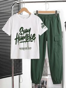 Tween Boy Letter Print Kids Short Sleeve T-Shirt And Long Pants Casual Daily Outfit - Multicolor - View 4