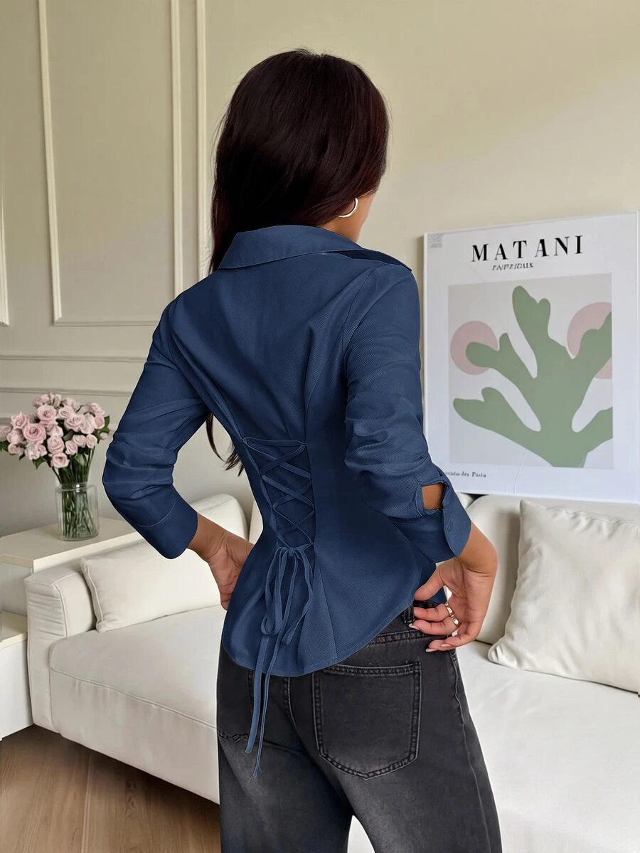 SHEIN PETITE 1件女款純色鈕扣前襟長袖休閒襯衫 - 藏蓝色 - 查看 1