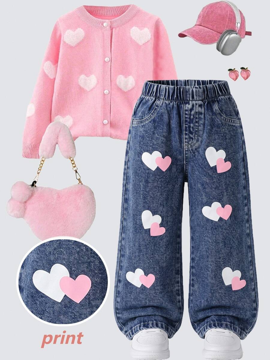 SHEIN Girls' Denim Jeans, All-Season New Style, Cute & Playful Design, Deep Blue Washed Denim With Pink+White Contrast Heart Print And Snow Wash Effect, Fashionable Loose Straight Leg Wide-Leg Fit, Soft & Comfortable Fabric, Versatile For Daily Wear, Parties, Outings And More, All-Season New Girls' Denim Jeans - Dark Wash - View 1