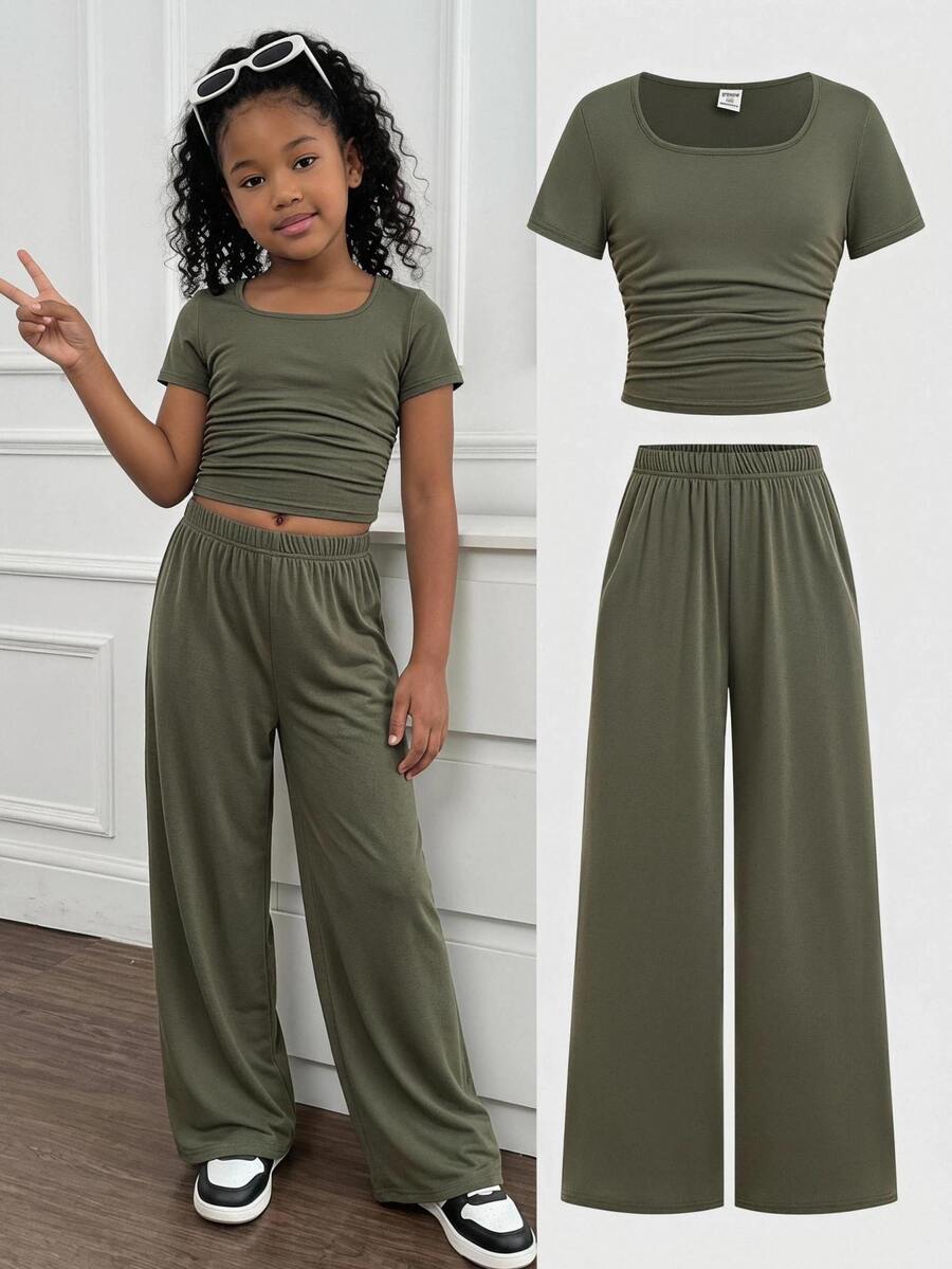 SHEIN Tween Girl Loose Casual Minimalist New Knit Round Neck Short Sleeve T-Shirt Set - Multicolor - View 1