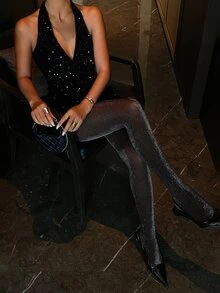 Livesso Women's Shiny Mesh Fashion Tights Summer Clubbing Party Black Glitter Sexy Halloween - Black - View 5