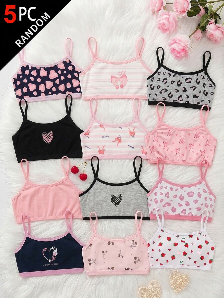 SHEIN 少女可愛簡約豹紋愛心圖案親膚柔軟兒童學生成長期內褲5件組 情人節 - 彩色 - 查看 1