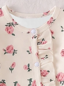Newborn Home Jumpsuit, Sweet Ditsy Floral Print, Soft Skin-Friendly Fabric, Round Neck Full Snap Button, Long Sleeve Footed Crawler, Suitable For Home, Sleep And Outings In Spring And Autumn - Multicolor - View 5