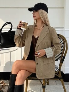 DAZY 女款翻領長袖休閒通勤西裝外套 秋季 - 卡其色 - 查看 5