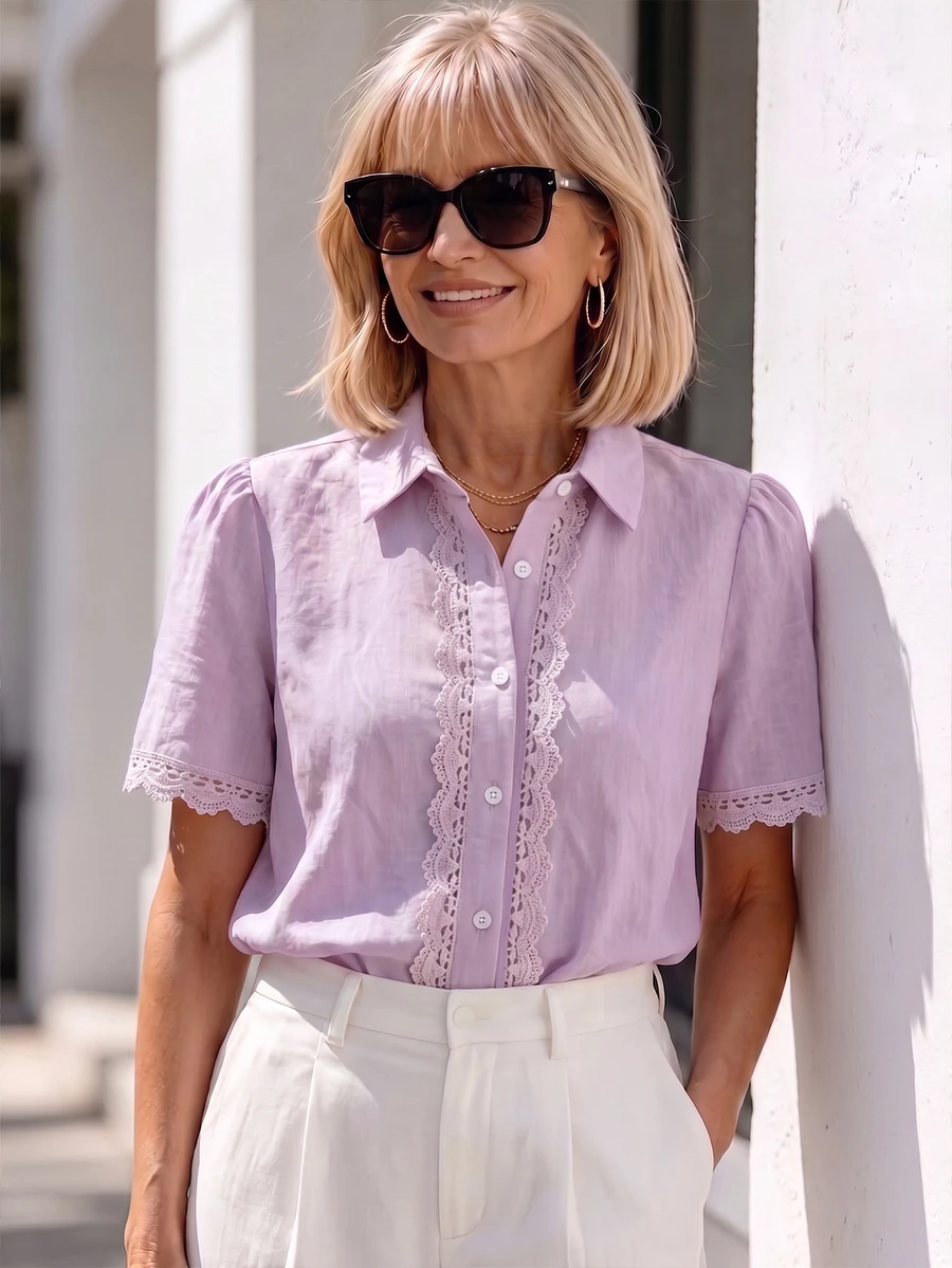 SHEIN 2026 Nueva Camisa Romántica de Mujer con Ribete de Encaje y Botones, Blusa de Manga Corta Abullonada con Cuello, Top Ligero de Color Claro y Suave, Adecuada para Uso Casual y de Oficina - Púrpura malva - Ver 1