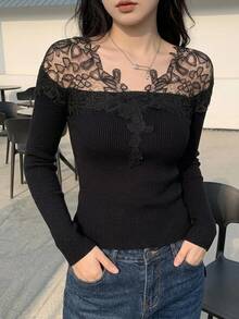 DAZY Sweater Rajut Off-Shoulder Wanita Gaya Prancis Seksi Manis dengan Patchwork Renda 3D, Atasan Lengan Panjang Lapisan Dasar untuk Musim Gugur dan Musim Dingin - Hitam - View 5
