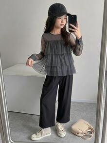 Dazy Kids Tween Girl Solid Color Mesh Casual Versatile Daily Wear Top - Grey - View 4