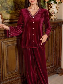PalaceNights Embroidered Lace V-Neck Cardigan Long Sleeve Pants Velvet Pajama Set Autumn/Winter - Burgundy - View 6