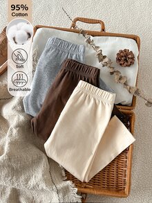 SHEIN 3件組女嬰秋冬純色親膚棉質內搭褲，0-3歲休閒高彈力鬆緊腰修身長褲 - 彩色 - 查看 3