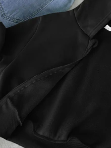 SHEIN 青少年女孩寬鬆休閒極簡舒適日常街頭風連帽修身口袋拉鍊短款長袖運動外套 白色返校穿搭 - 黑色 - 查看 6