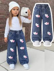 SHEIN Girls' Denim Jeans, All-Season New Style, Cute & Playful Design, Deep Blue Washed Denim With Pink+White Contrast Heart Print And Snow Wash Effect, Fashionable Loose Straight Leg Wide-Leg Fit, Soft & Comfortable Fabric, Versatile For Daily Wear, Parties, Outings And More, All-Season New Girls' Denim Jeans - Dark Wash - View 3