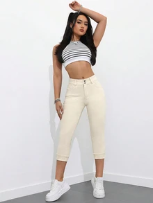 Flexra Petite Women's Casual Versatile Denim Skinny 7/10 Length Pants With Pockets - Apricot - View 6
