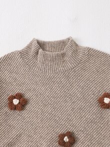 SHEIN Young Girls' Autumn/Winter New Casual T-Shirt Set, Front Coffee-Colored 3D Floral Decor Design, Asymmetrical Pullover High Neck Knitted Ribbed Brushed - Khaki - View 4
