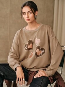 Anewsta 女款愛心圖案休閒日常長袖運動衫 - 卡其色 - 查看 7