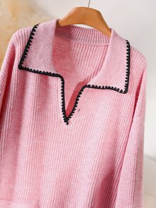 CosyJoli Plus Size Soft Pink Polo Collar Knit Sweater Women Autumn/Winter Contrast Color Trim Loose Ribbed Slouchy Pullover Top Graduation Home Wear Formal Casual Elegant - Pink - View 5