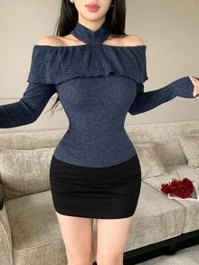 Joudiya Women's Solid Color Ruffle Off-Shoulder Halter Neck Slim Fit T-Shirt Autumn Date Night Night Out Navy Blue Elegant Sexy - Navy Blue - View 9