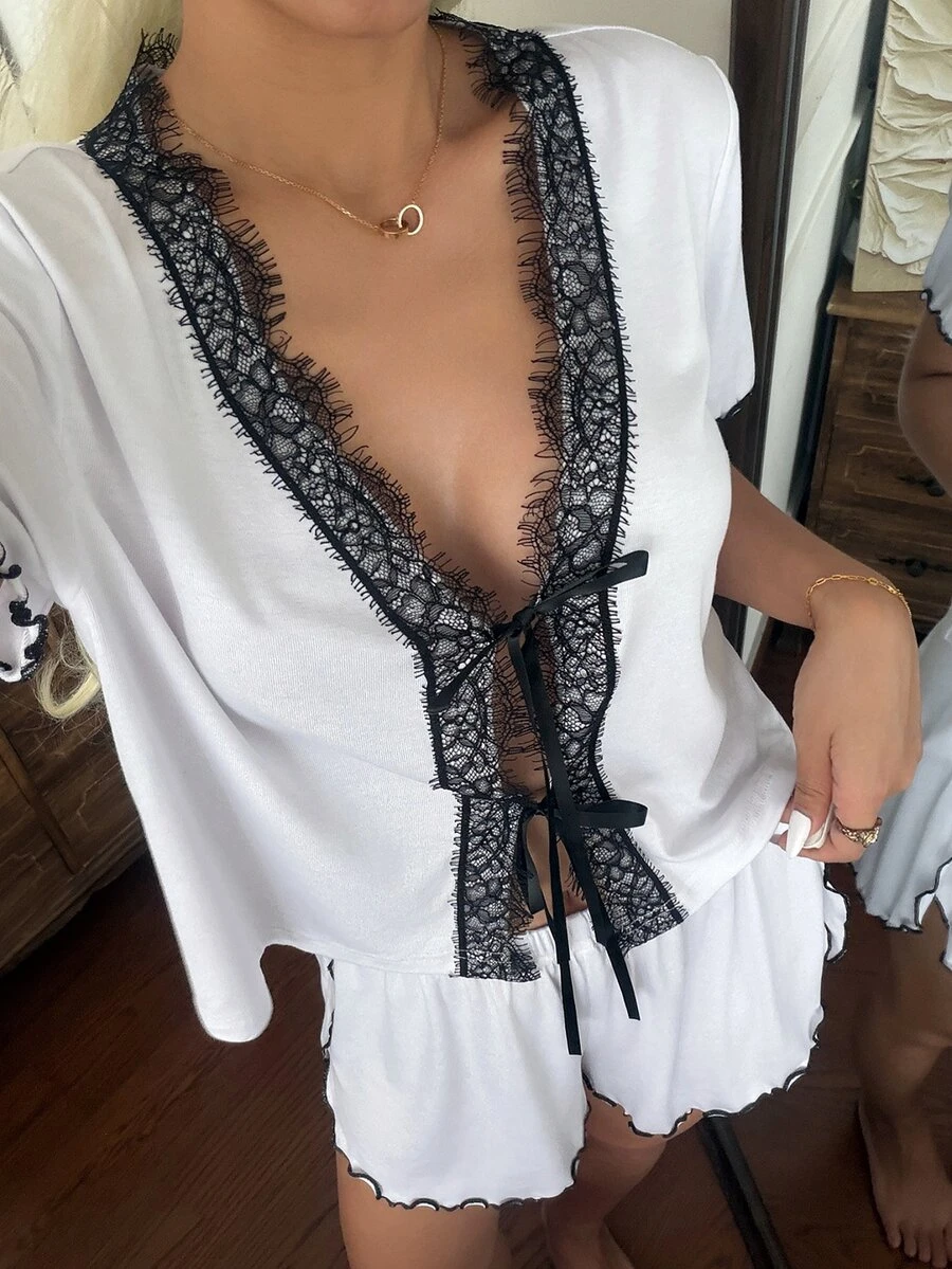 Livesso Women's Contrast Lace Front Tie Short Sleeve Top And Shorts Pajama Set Fall - White - View 1