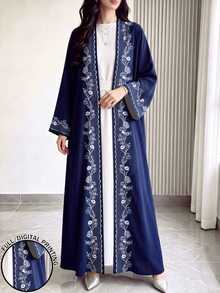 SHEIN Najma 海軍藍女款優雅阿拉伯式長袍，花卉枝條與幾何蕾絲圖案，時尚長袖開襟長版開襟外套，春秋款阿拉伯風服飾 - 彩色 - 查看 1