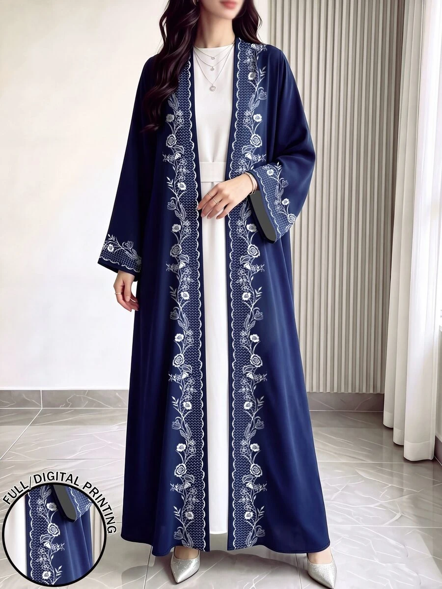 SHEIN Najma 海軍藍女款優雅阿拉伯式長袍,花卉枝條與幾何蕾絲圖案,時尚長袖開襟長版開襟外套,春秋款阿拉伯風服飾 - 彩色 - 查看 1