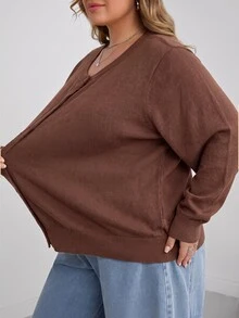 SHEIN CURVE+ 大尺碼休閒純色圓領長袖寬鬆女款黃色針織開襟衫 - 棕色 - 查看 6
