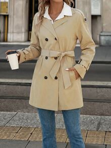 SHEIN Clasi Mantel Trench Panjang Sedang dengan Lapisan Termal yang Mengencangkan Pinggang, Nyaman dan Elegan - Khaki - View 6