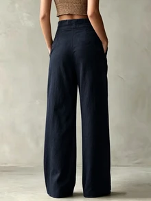 Glimmora Women's Solid Color Waist Button Placket Pocket Pleated Wide Leg Pants - Navy Blue - View 2