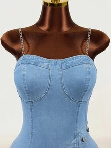 Mistrie Women's Button Design Slim Fit Spaghetti Strap Denim Dress - Blue - View 4