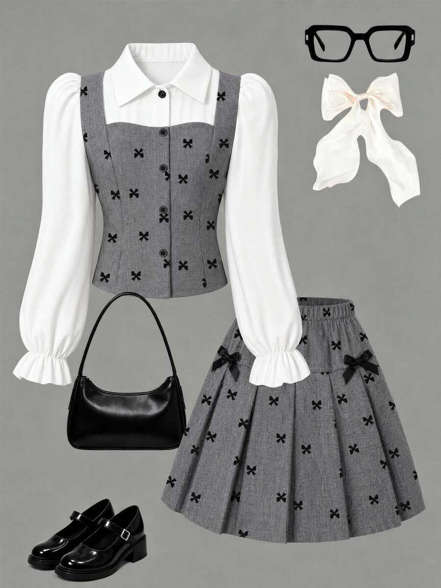 SHEIN 青少年女孩 2 件套秋季襯衫領拼接蝴蝶結印花布料學院風 2 合 1 開襟泡泡長袖收腰上衣搭配 3D 蝴蝶結裝飾百褶裙,適合日常、開學季、通勤、旅行 - 灰色 - 查看 1